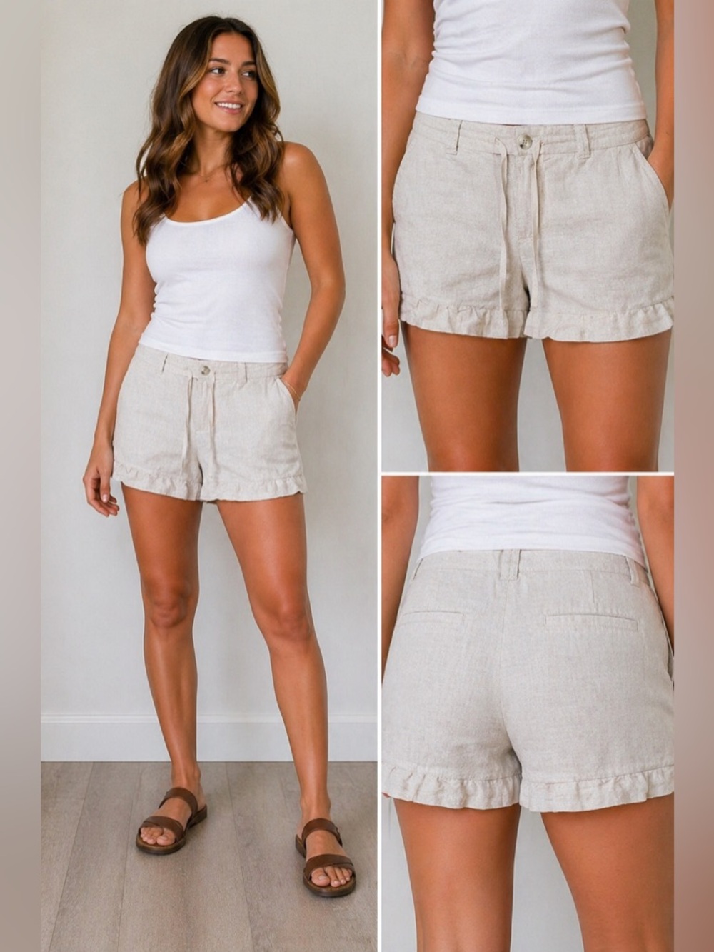 GAP Linen Blend Shorts Women Size 12 Beige Flax Cotton Drawstring Summer Casual